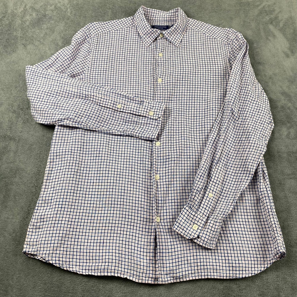 Vineyard Vines Mens Large Button Down Blue Pink Check Linen Cotton Shirt